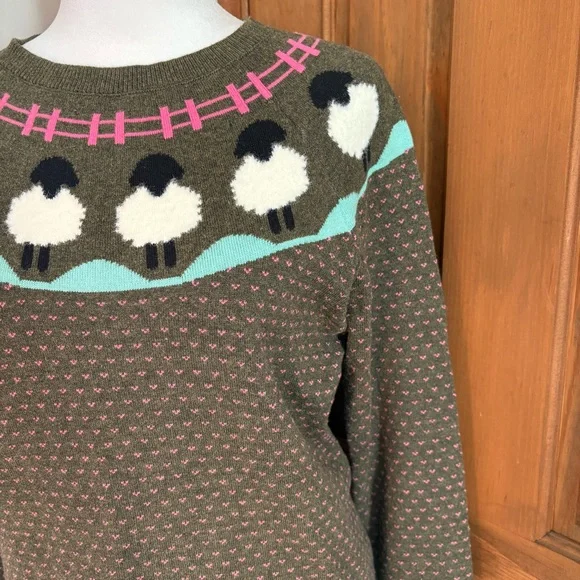 Talbots SP Small Petite Sweater Crewneck Cotton Brown Pink Hearts Novelty Lambs - Picture 2 of 6